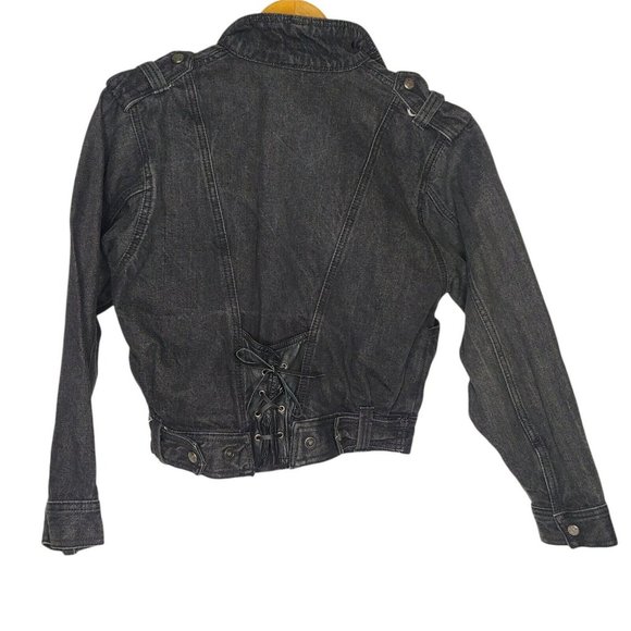 Vintage 80s Paris Express Womens S Denim Jacket Snap V Neck Retro Lace Up Crop - Picture 8 of 9